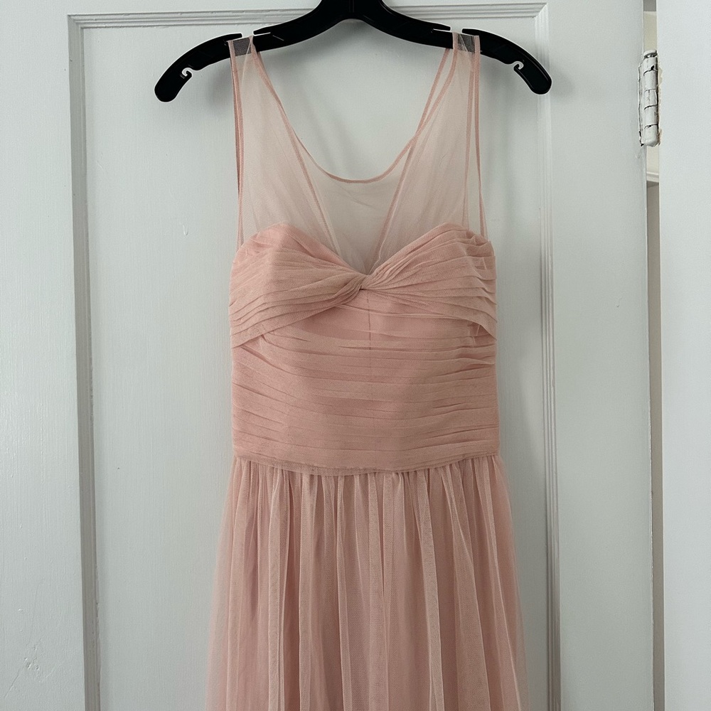 Blush pink Amsale tulle floor length bridesmaid dress